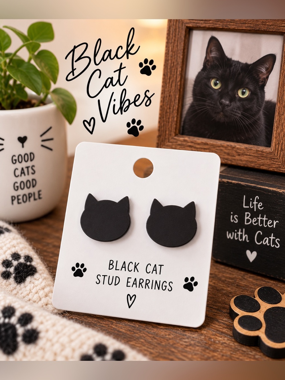 Black Cat Stud Earrings Minimalist Kitty Silhouette Cat Lover Gift New
